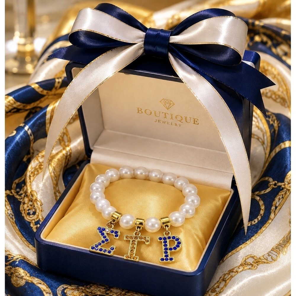 Sigma Gamma Rho SGRho Pearl Sorority Bracelet Blue Gold Rhinestone Greek Letters